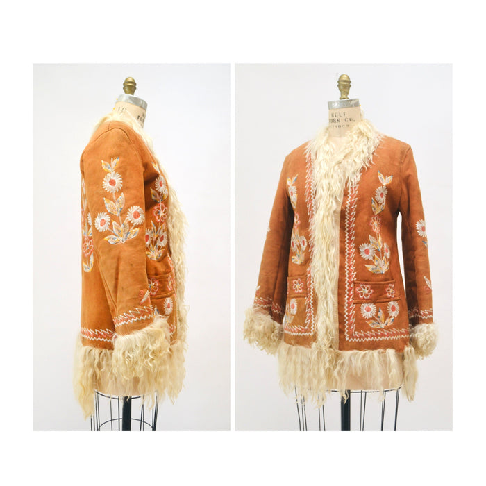 Vintage Embroidered Shearling Afghan Jacket Coat Small Medium//  70s Shearling Coat Embroidered Sheepskin Fur Boho Afghan Jacket