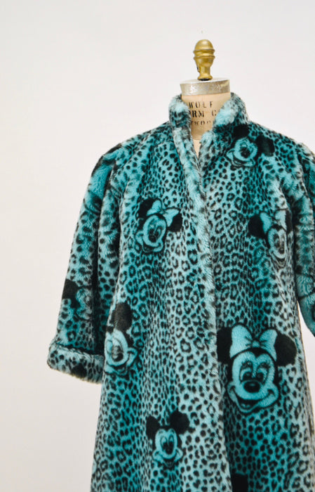 80s 90s Vintage Disney Mickey Mouse Faux Fur Jacket Coat Disney Tokyo Japan Blue Green Print Faux Fur Coat Apparence Paris XS SMall