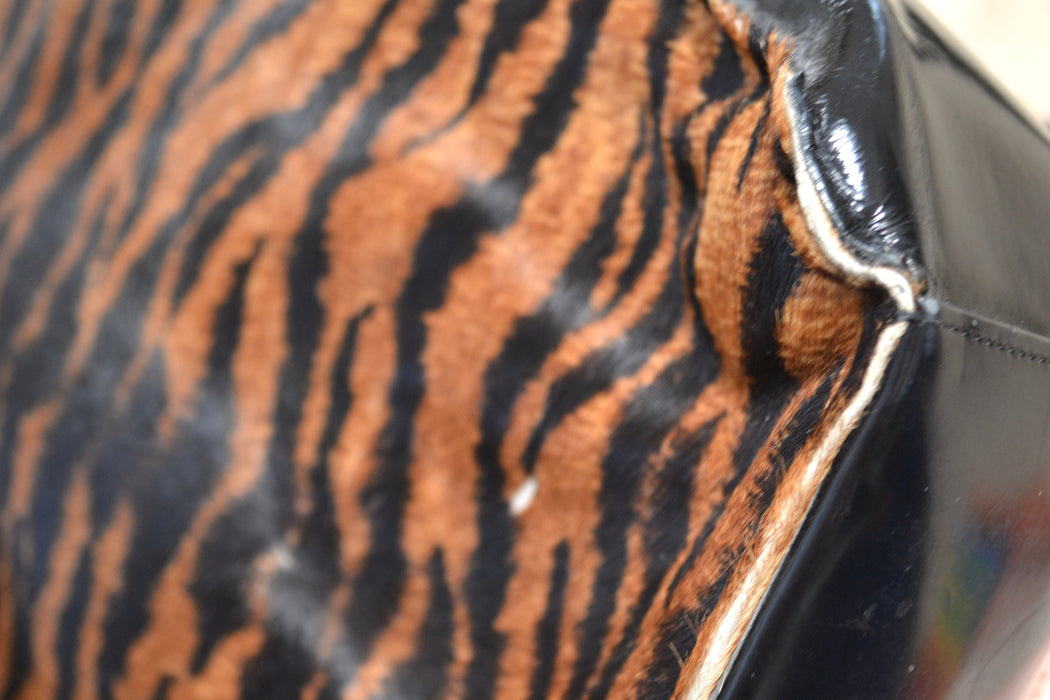 90s Vintage Tiger Stripe Pony Hair Leather Purse Black brown Zebra Stripe Leather Handbag Charles Jourdan Medium Purse Made in France