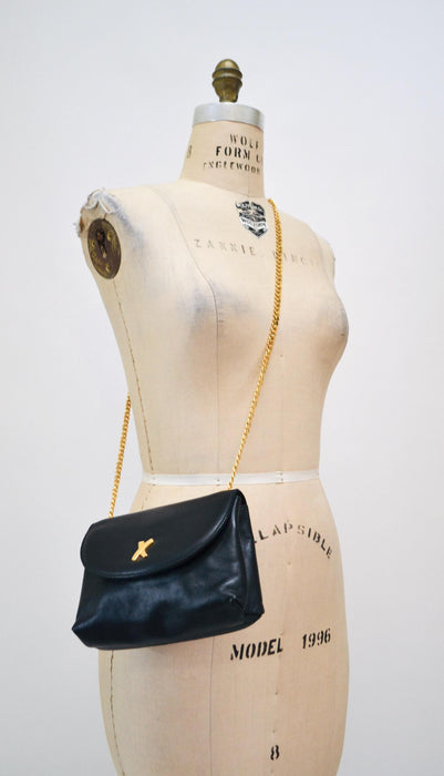 90s Vintage Black Leather Purse Bag By Paloma Picasso//  Black Leather Gold Chain Cross Body Bag Small Black Leather Bag Made in Italy
