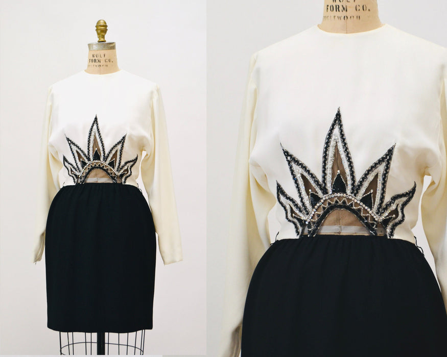 80s 90s Vintage Bob Mackie off White Cocktail Party Dress Beaded Sequin Dress Vintage Long Sleeve Cream Wedding Party Dress Small Cher Dress