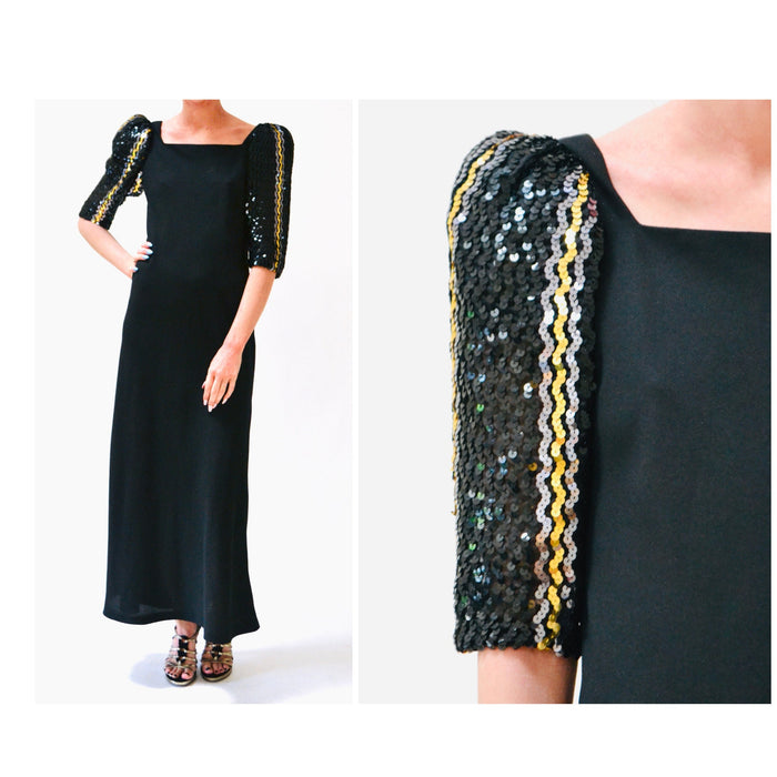 70s 80s Vintage Black Sequin Long Dress by Lillie Rubin Small Medium// Vintage Disco Metallic Silver Gold Black Sequin Dress Evening Gown