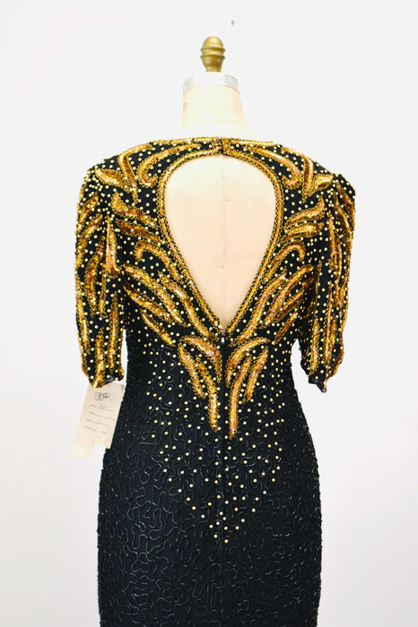 70s 80s GLAM Vintage Black Gold Beaded Sequin Evening Gown Small Medium // 80s 90s Pageant Drag Queen Black beaded Dress Gown Medium