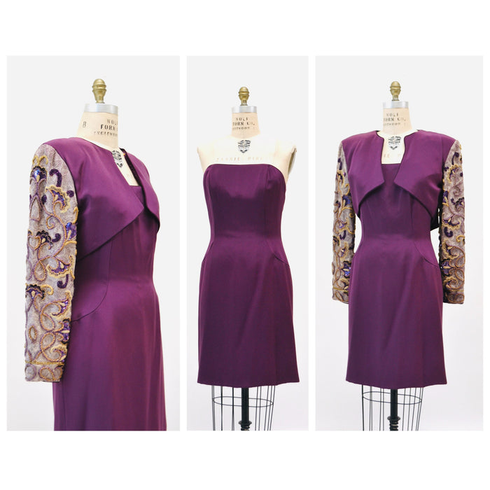 90s Vintage Silk Beaded Sequin Metallic Jacket and Strapless Dress by Raoul Arango Purple Wine Cocktail Dress Sequin Bolero Jacket Medium