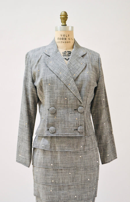 90s Vintage Plaid Jacket Skirt Suit Rhinestones Black and White Plaid Double Breasted Suit Jacket Rhinestone Glam Power Suit Small Medium