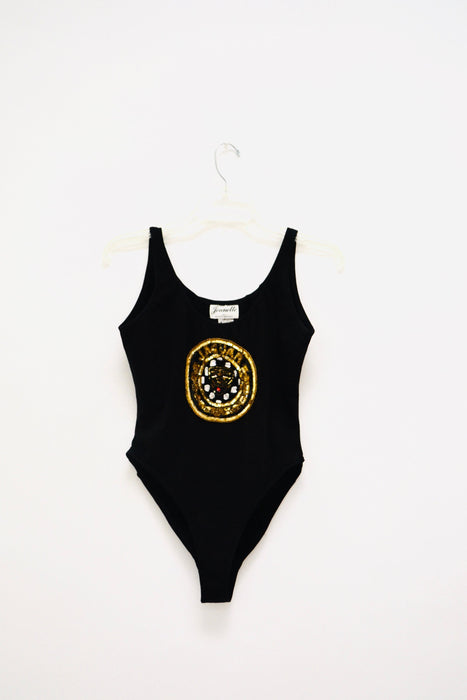 90s Black Sequin Body Suit Knit Body Suit Leotard High Cut 80s 90s body Suit with Sequin Jaguar Car Logo By Jeanette Kastenberg Small Medium