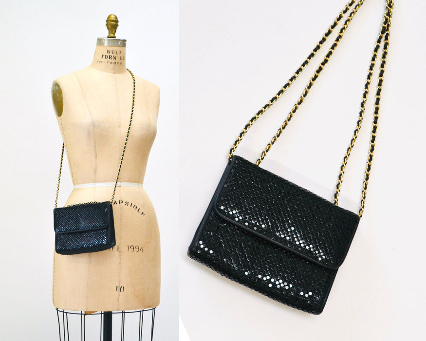 80s Vintage Black Evening Bag Purse Black Metallic Metal Whiting and Davis // Vintage Black Mesh Gold Chain Metallic Purse Small Evening Bag