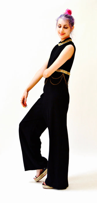 70s Vintage Black Jumpsuit Medium Large Metallic Gold Knit By Ricky Ann// 70s Vintage Jumpsuit Pantsuit Black Metallic Chain Trim