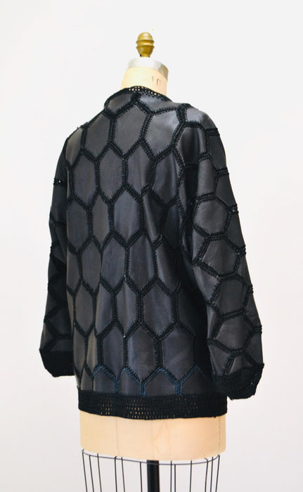 70s 80s Vintage Black Leather Jacket Patchwork Granny Square Leather Jacket Cardigan Sweater Small Medium Black Leather PatchWork Jacket
