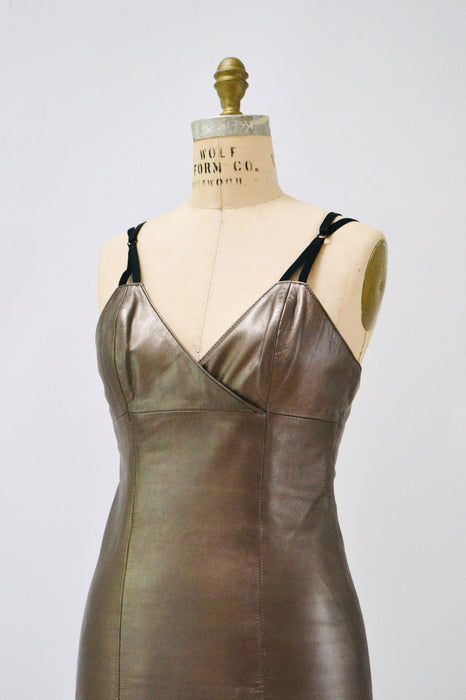 Stunning 90s 00s Y2K Metallic Bronze Leather Tank Dress Size XS Small// 90s Brown Tan Body Con Dress Leather Tank Dress Michael Hoban small