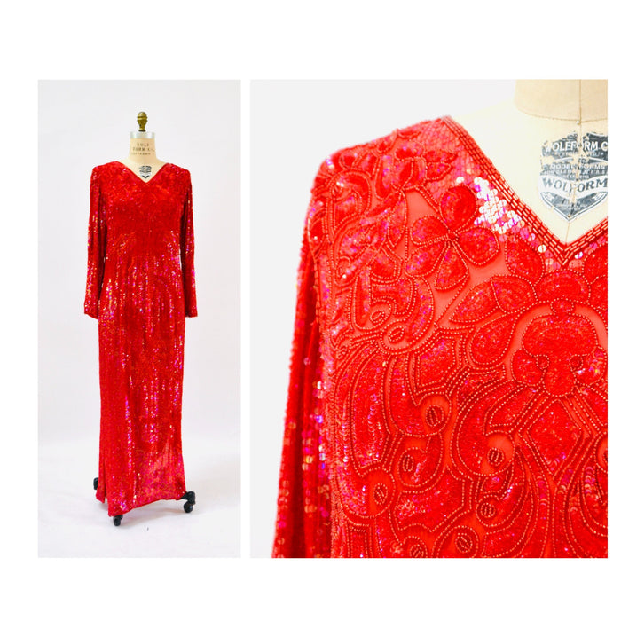 90s Vintage Red Sequin Beaded Dress Evening Gown Medium Large// 80s 90s Glam Red Sequin Long Sleeve Dress Beauty Pageant Showgirl Gown