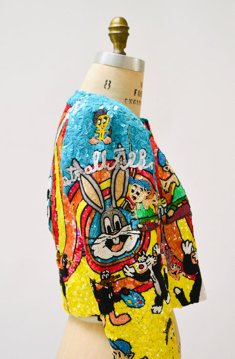 Vintage Jeanette Kastenberg Platinum Sequin Jacket Looney Tunes Bugs Bunny Warner Brothers Cartoon Comic Beaded Jacket Small