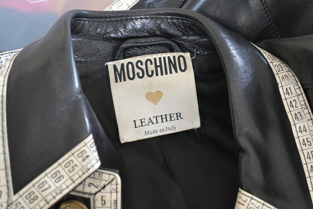 90s Vintage Black Leather Jacket by Moschino Leather Small Made in Italy// 90s Black Leather Jacket Tape Measure Trim Designer Seamstress