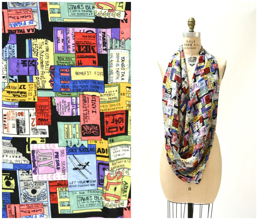 90s Vintage Nicole Miller Silk Large Scarf with New York City NYC Met Opera Theater Tickets