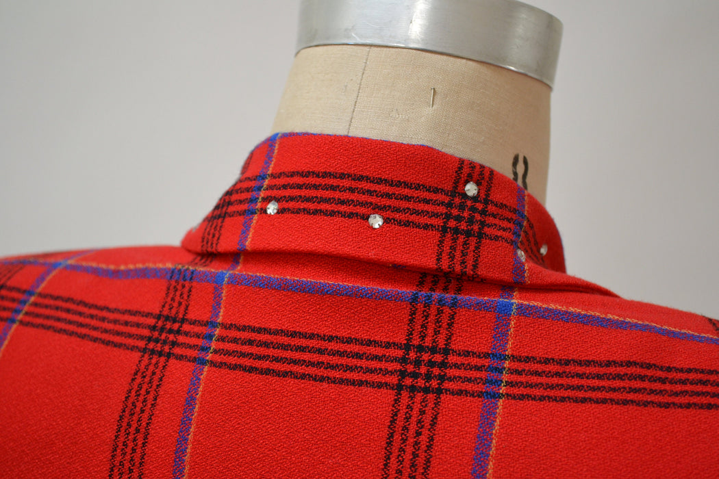 90s Vintage Red Plaid Jacket Blazer with Rhinestones Red Plaid Blazer 80s 90s Glam Power Suit Small Medium Criscione Christmas Party Jacket
