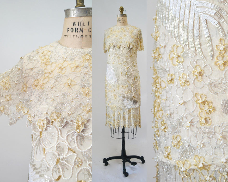 80s 90s Vintage White Beaded Party Dress Dress Small // Vintage Cocktail Wedding Dress White Beaded Flapper White Beaded Party Dress