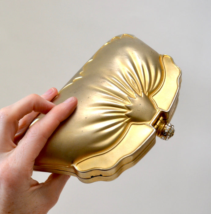 90s Vintage Metallic Gold Metal Clutch Evening Bag Hard Case with Crystals// Vintage Gold Wedding Clutch Metal Evening Bag Gold Clutch