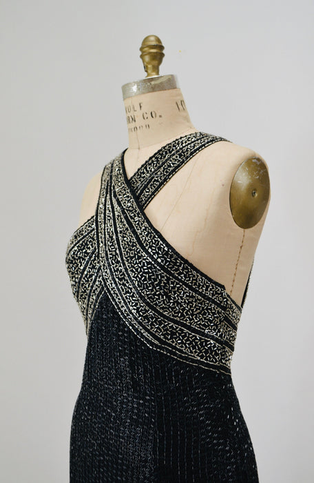 90s Vintage Black Silver Beaded Fringe Showgirl Dress Small Medium // 90s Black Silver Beaded Tank Dress Party Fringe Dress Flapper Dress