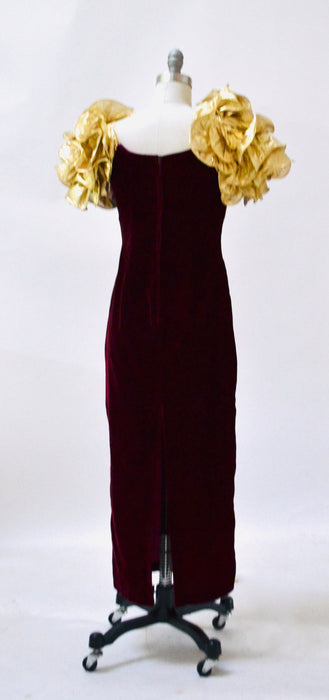 Vintage 80s Prom Dress Red Velvet Gold Metallic Evening Gown Small Medium// Vintage Dark Red Velvet gold metallic Ruffle Dress Pageant Gown