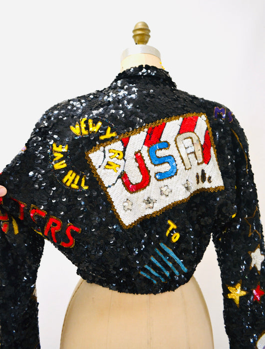 80s 90s Vintage Sequin USA Jacket American Flag USPS Jacket Medium By Modi// Vintage Black Sequin Jacket USA America Olympics Sequin Jacket