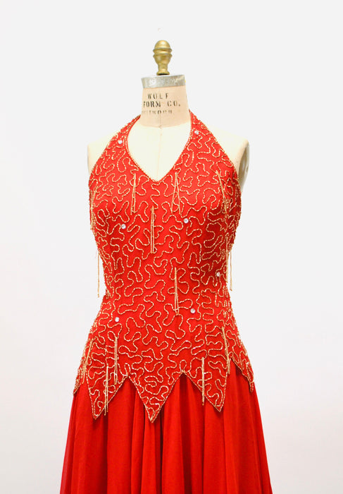 Stunning 80s 90s Vintage Red Beaded Dress Medium Large// 80s 90s Red Beaded Fringe Pageant Dress Halter Neck Showgirl Red Silk Chiffon Dress