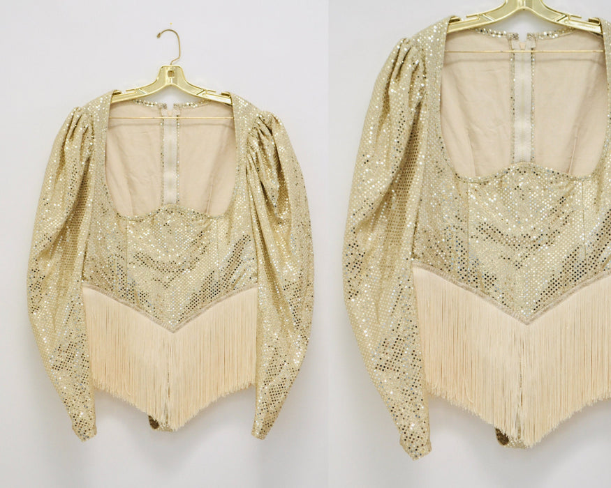 90s Gold Topless Fringe Bodysuit for Burlesque Drag queen thong Vintage Gold Metallic Party festival Fringe Bodysuit Showgirl Costume Large
