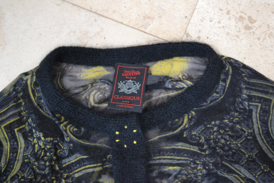 00s Jean Paul Gaultier Mesh Shirt long sleeve Spanish Black Yellow Cardigan Mesh Sheer Shirt Pop Art Fashion Party top Jean Paul Gaultier