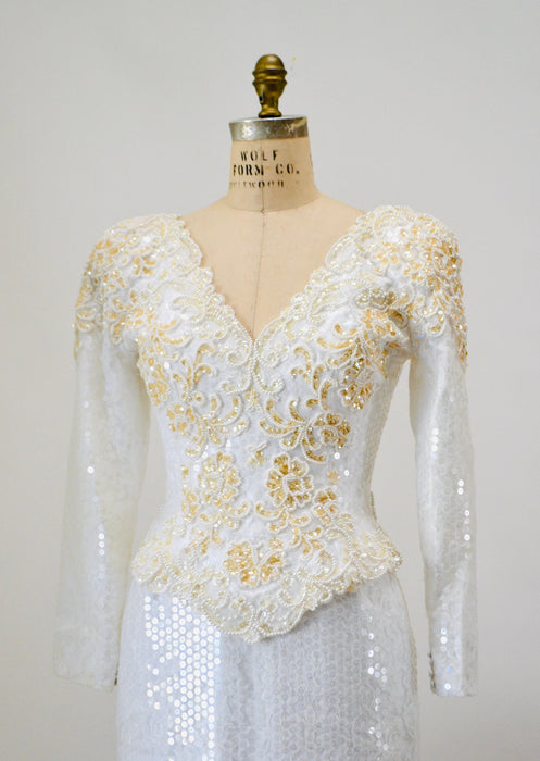 80s 90s Vintage White Lace Sequin Wedding Dress Vintage Conservative Wedding Dress SMALL Medium // Long Sleeve Vintage White Sequin Dress