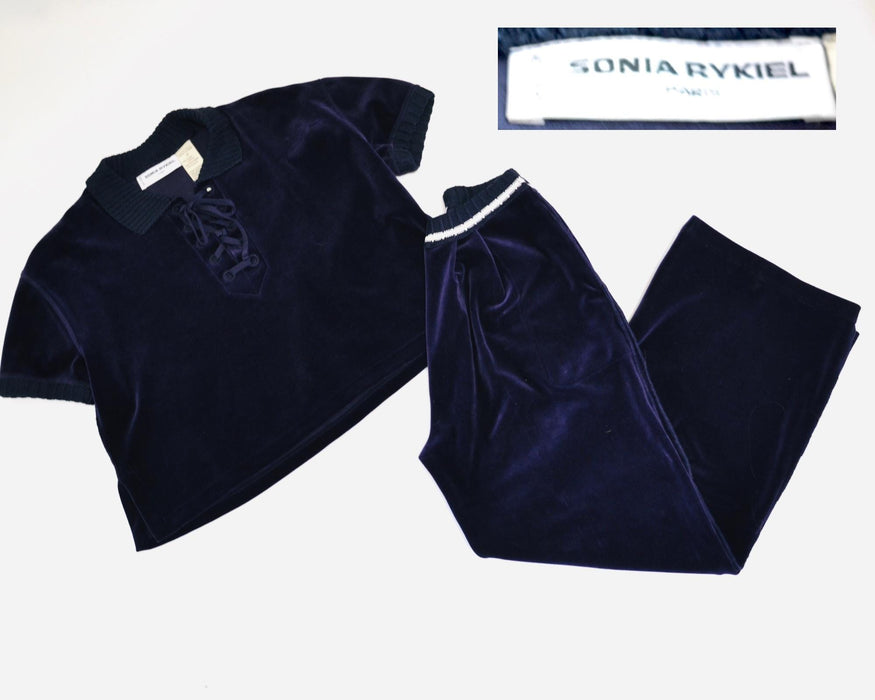 Vintage 90s Sonia Rykiel Navy Blue Velvet Velour Track Suit Nautical Beach Loungewear Sweat Shirt Sweatsuit Wide leg Pants Made in Paris