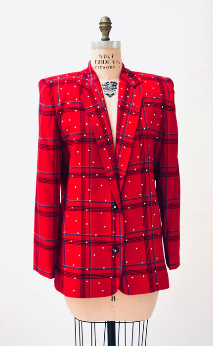 90s Vintage Red Plaid Jacket Blazer with Rhinestones Red Plaid Blazer 80s 90s Glam Power Suit Small Medium Criscione Christmas Party Jacket