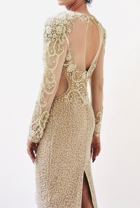 80s 90s Vintage White Beaded Gown Dress Small Medium Lillie Rubin // Vintage Wedding Gown White Sheer Beaded Long Dress Sleeves Pageant
