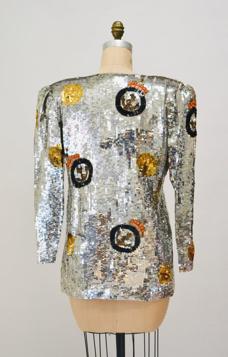 80s 90s Vintage Silver Sequin Jacket// Vintage Silver Sequin Boat Party Jacket  Nautical Captain Silver Sequin Blazer French Collizioni