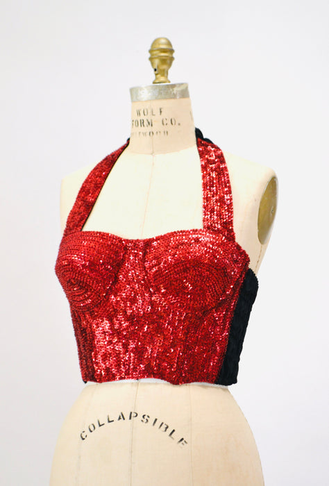 80s 90s Vintage Red Sequin Bustier Crop Top Halter top Size Medium Sequin Red Halter Top Disco Dance 80s 90s Sequin Showgirl Halter TOp