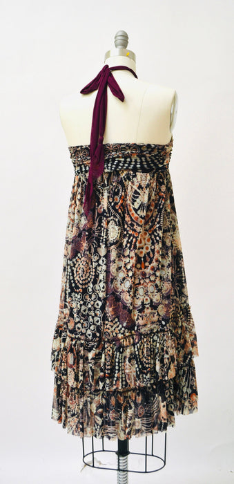 RARE 90s 00s Vintage Jean Paul Gaultier Soleil Sleeveless Mesh Dress Small Made in Italy Halter Neck Jewelry Jewel Print Babydoll Dress