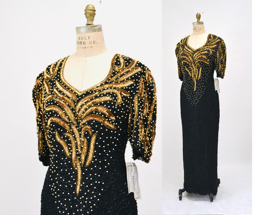 70s 80s GLAM Vintage Black Gold Beaded Sequin Evening Gown Small Medium // 80s 90s Pageant Drag Queen Black beaded Dress Gown Medium