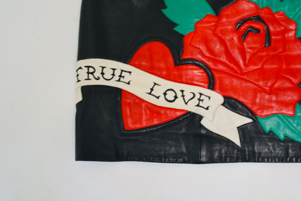 Vintage Black Leather Skirt with True Love Heart by Michael Hoban North Beach// 90s Vintage Black Leather Skirt XS Small Tattoo