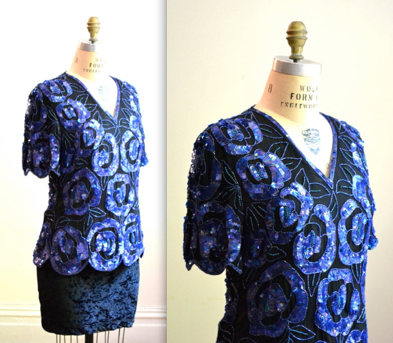 Vintage Sequin Shirt Top Black and Blue Sequin shirt Size Medium// 80s 90s Vintage Sequin Shirt in Black and Blue Art Deco Flapper Inspired
