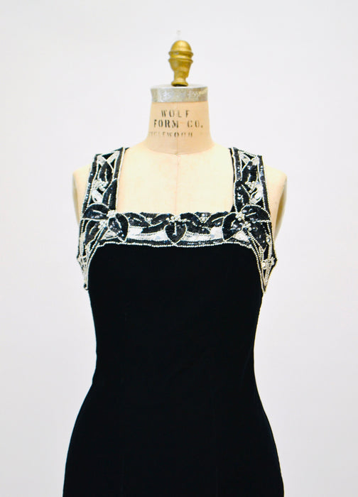 90s Vintage Prom Party Dress Black velvet Dress Silver Sequins XS Small // 90s Velvet Tank Dress Black Silver Sequin Body con dress XS