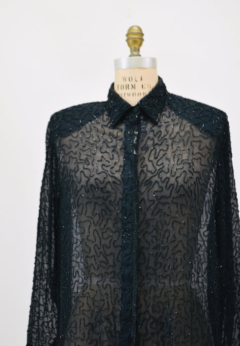 90s Vintage Black Silk Chiffon Beaded Shirt Button Down Black Sheer Silk Top Size Medium Lillie Rubin Sheer Black Long Sleeve Shirt