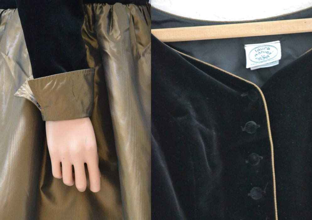 Vintage 80s Prom Dress Black and Gold Metallic XS Small// 80s 90s does 50s Party Dress// Black Velvet Gold Crinoline Dress Laura Ashley