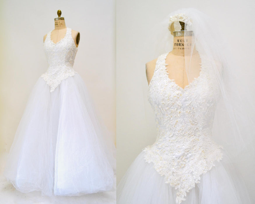 Vintage 2000s Halter Neck Wedding Dress Oleg Cassini White Crinoline Tulle Princess Wedding GOWN XS Small Sleeveless Wedding Dress With Veil
