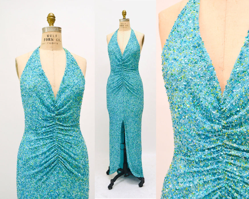 Vintage 00s Y2K Silk Bias Cut Dress Small Medium Blue Teal Silk Beaded Sequin Bias Cut Dress Evening Beach Wedding Gown Mermaid Prom Dress