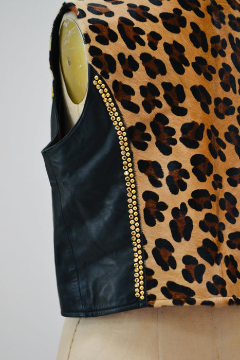 80s 90s Vintage Studded Black Leather Animal Print Vest Gold Leather Vest By Kippys XL Large Gold Studded Animal Print Black Leather Vest