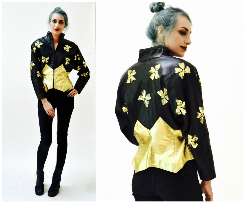 Vintage Sequin Leather Jacket Black and Gold Metallic Sequin Jacket Bows 80s Glam Leather Jacket by Lillie Rubin Size Small Medium