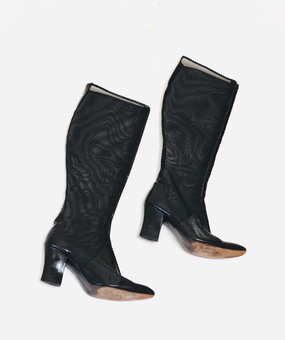 1970s 80s Vintage Knee High Boots Size 38 7  7 1/2 Ombeline Maud Frizon Black Mesh and Leather Boots High Heel Knee High Black Leather Boots