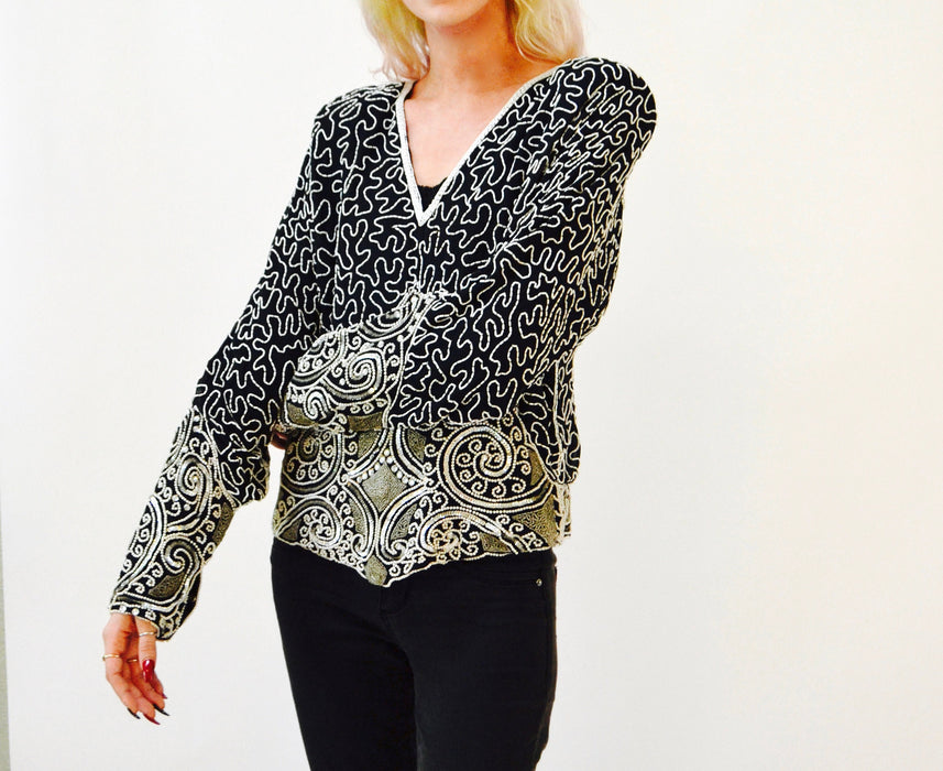 80s 90s Vintage Beaded Sequin Shirt Top Black White Silver Medium Large Art Deco Flapper Inspired Beaded Top Shirt Judith Ann Creations