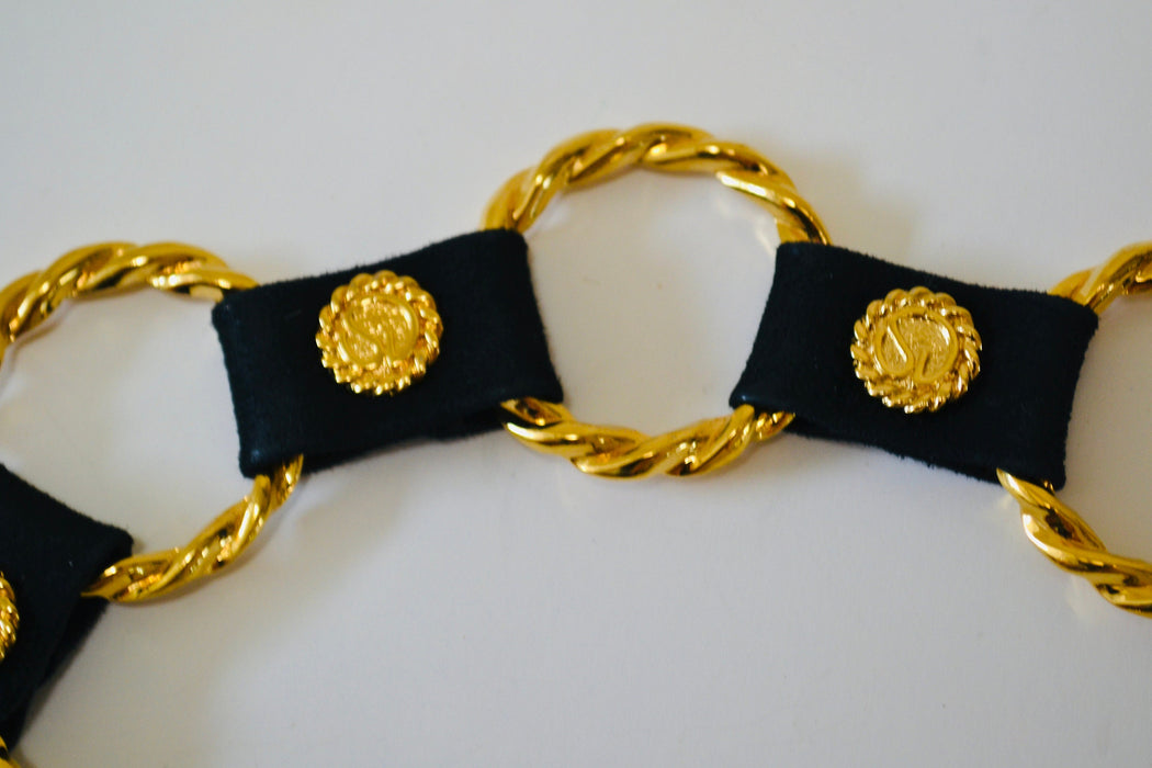 90s Vintage Gold Chain Ring Belt St John Gold Wedding Gold Black Leather Ring Adjustable Belt for Wedding Party Small Medium Gold Chain Belt