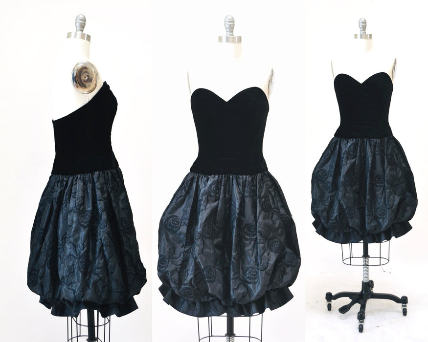 80s 90s Black Strapless Party Dress Vintage Velvet Coctail Party Strapless Dress XS Small By Fred France Paris Black party Dress Small