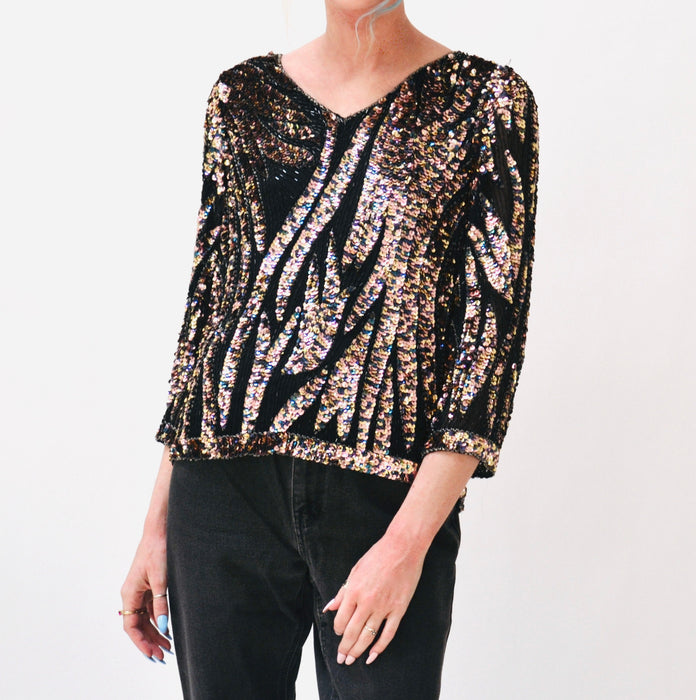 Vintage 80s Metallic Sequin Zebra Shirt Small Medium Black Gold// Vintage 80s Disco Glam Sequin Shirt Gold Black Zebra Stripe Iridescent