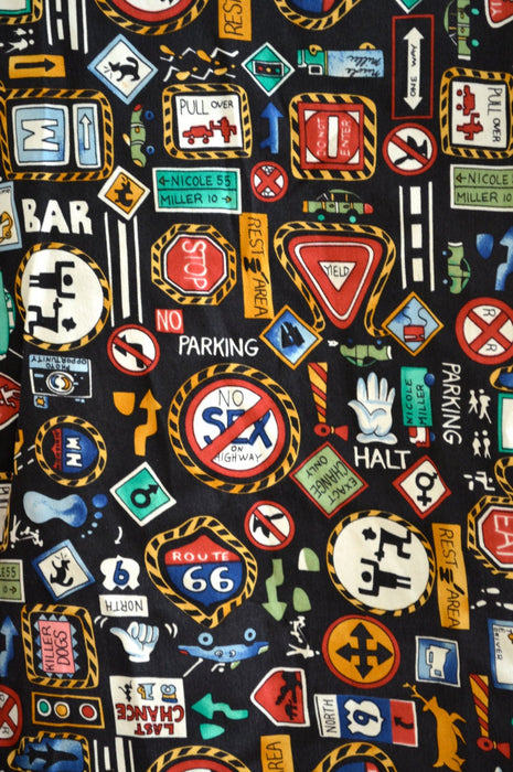 90s Vintage Printed Wrap Skirt Silk Tennis by Nicole Miller with Road Street Signs//  Vintage Pleated Skirt in Silk with Traffic Signs